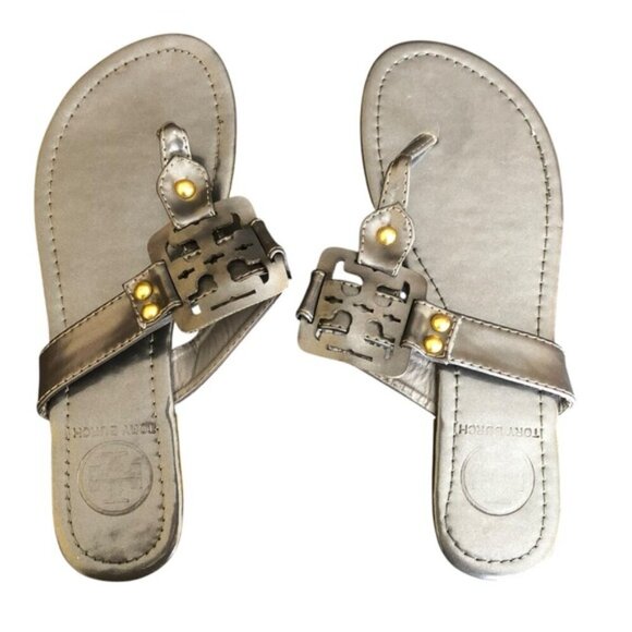 Tory Burch Miller Sandals Gunmetal Leather Thong Size 7 Metallic - Picture 5 of 15